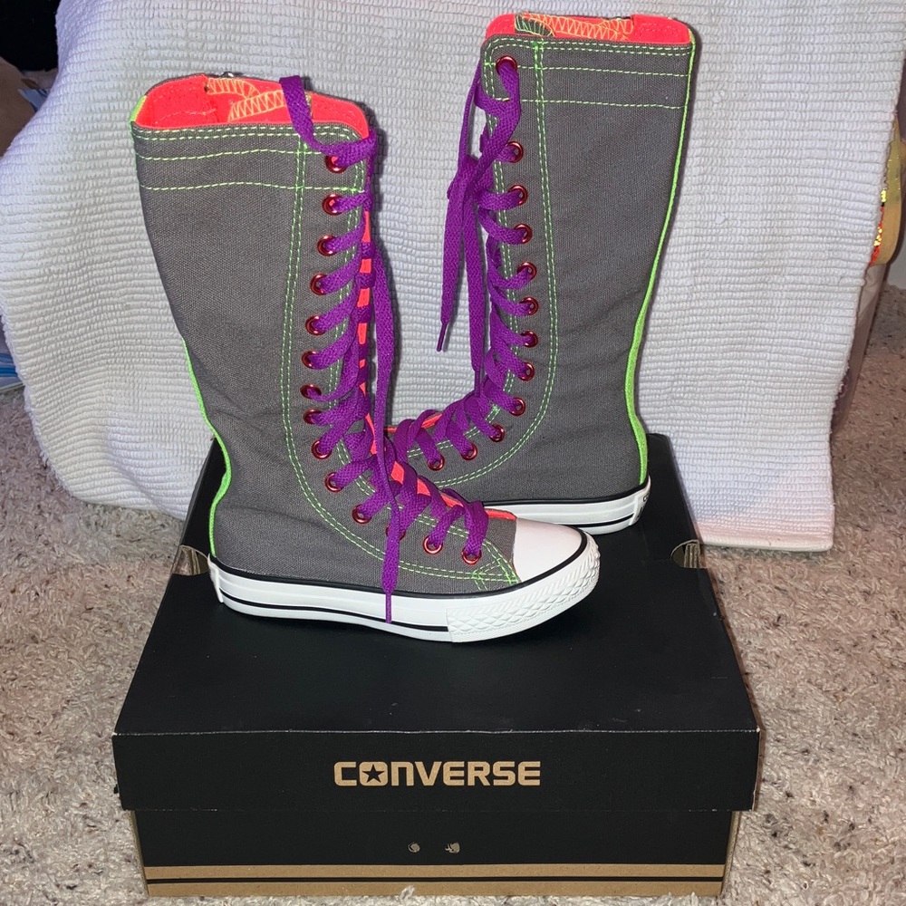Girls 10.5 Converse Gray High-Tops with Purple and Neon Accents